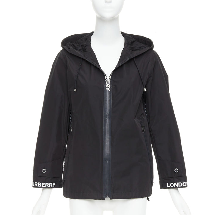 BURBERRY black nylon logo trim hooded windbreaker jacket IT34 XXS