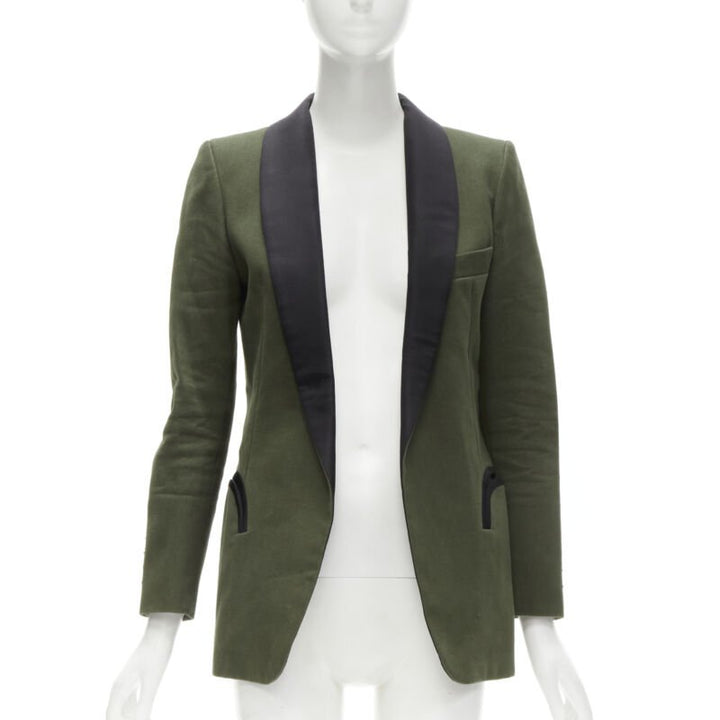 BLAZE MILANO Midnight Smoking khaki green cotton curved pocket shawl blazer S