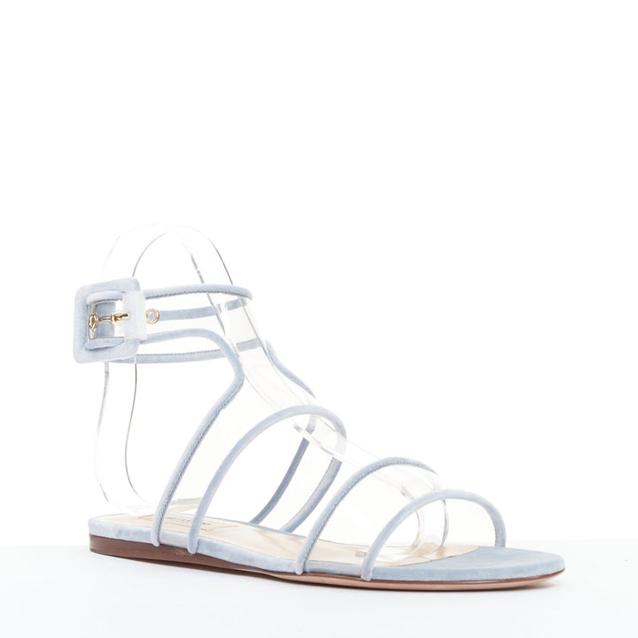 VALENTINO baby blue velvet trim clear PVC strappy flat sandals EU37
