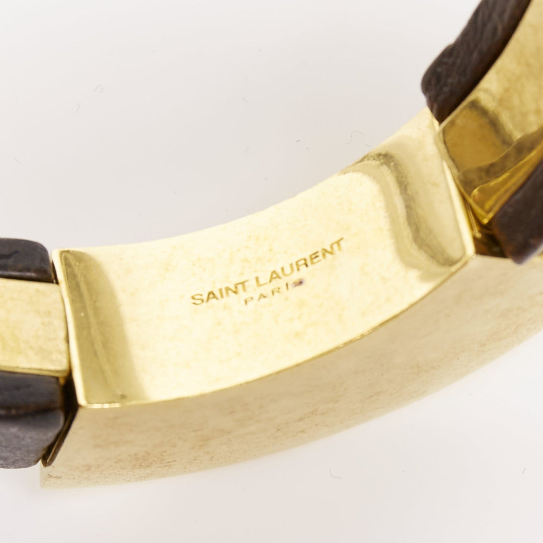 SAINT LAURENT 2020 Spinning Top Bangle gold brass brown wood elastic cuff