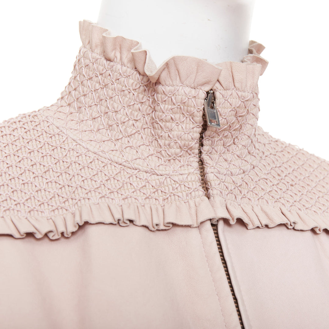 MIU MIU 2019 baby pink smocked lambskin leather ruffled puff crop jacket IT40 S