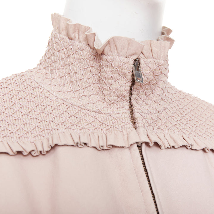 MIU MIU 2019 baby pink smocked lambskin leather ruffled puff crop jacket IT40 S