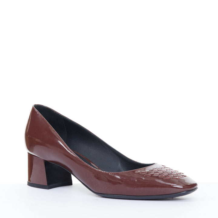 BOTTEGA VENETA burgundy patent leather intrecciato square toe block pumps EU37