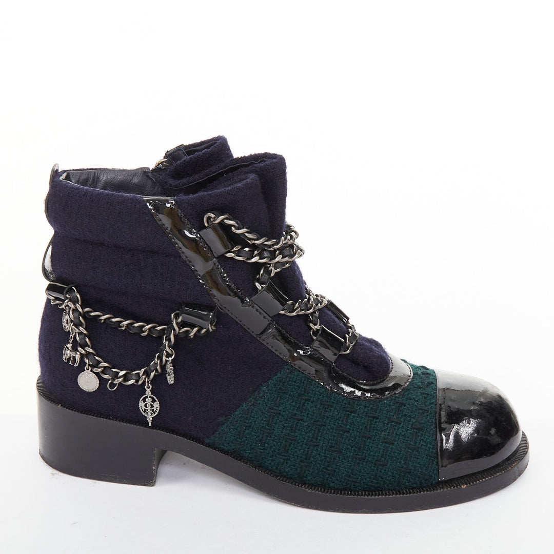 CHANEL 2015 Runway Paris Salzburg blue wool green tweed patent leather boot EU39