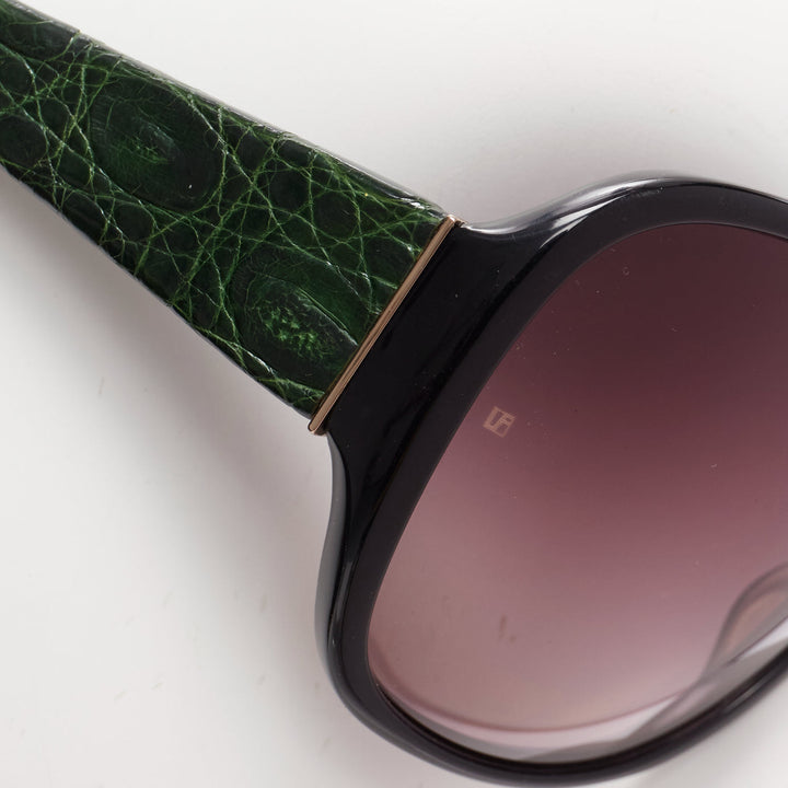 LINDA FARROW Luxe LFL18 green scaled leather arms black oversized sunglasses