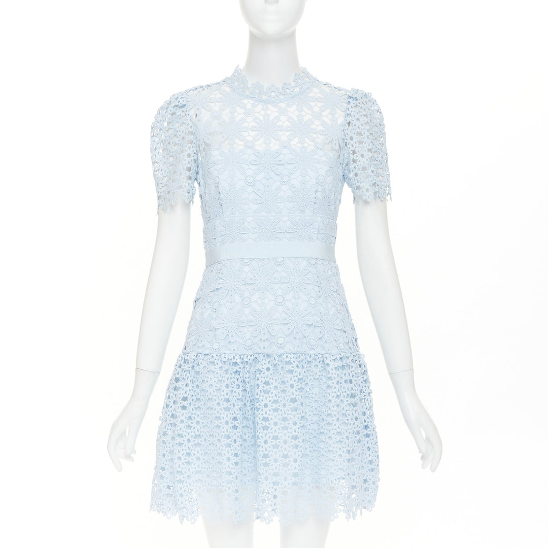 SELF PORTRAIT Geo Guipure Lace light blue grosgrain mock neck dress UK8 S