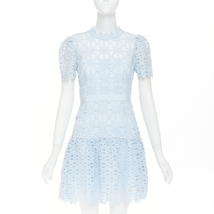 SELF PORTRAIT Geo Guipure Lace light blue grosgrain mock neck dress UK8 S