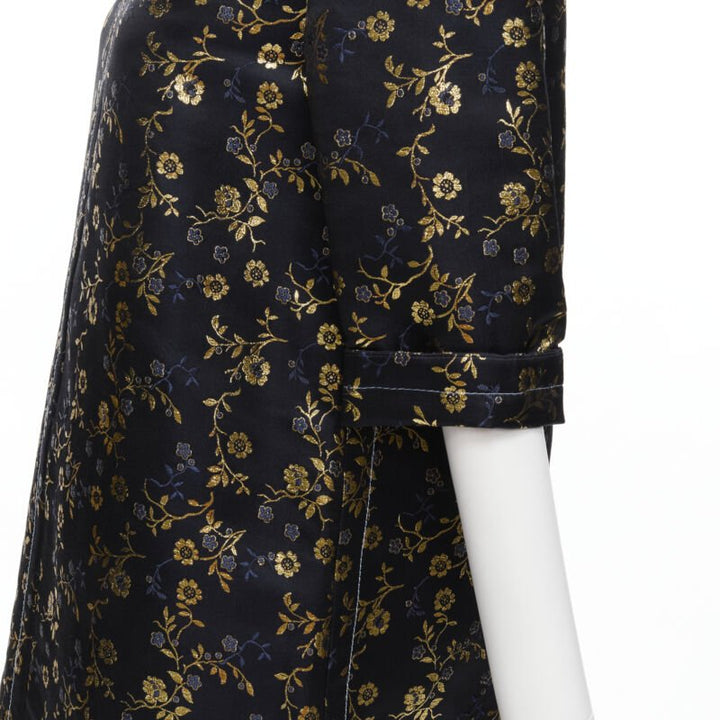 MARNI 2019 black gold blue floral jacquard cuffed sleeve trapeze dress IT40 S