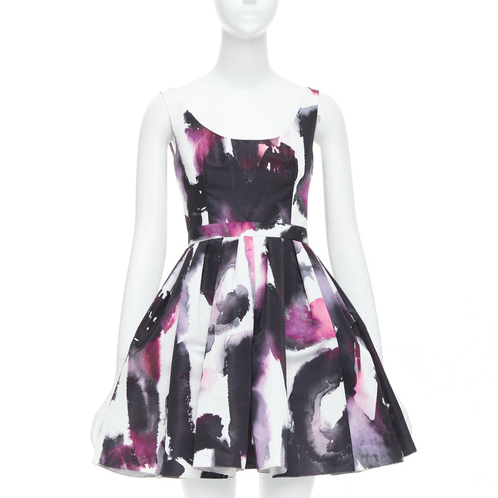 ALEXANDER MCQUEEN 2022 purple watercolor Graffiti flared short dress IT38 XS