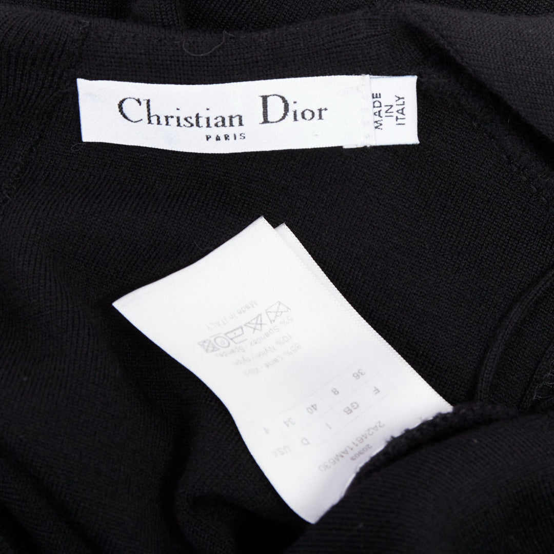 CHRISTIAN DIOR black wool wrap ruched waist sheath dress FR36 S