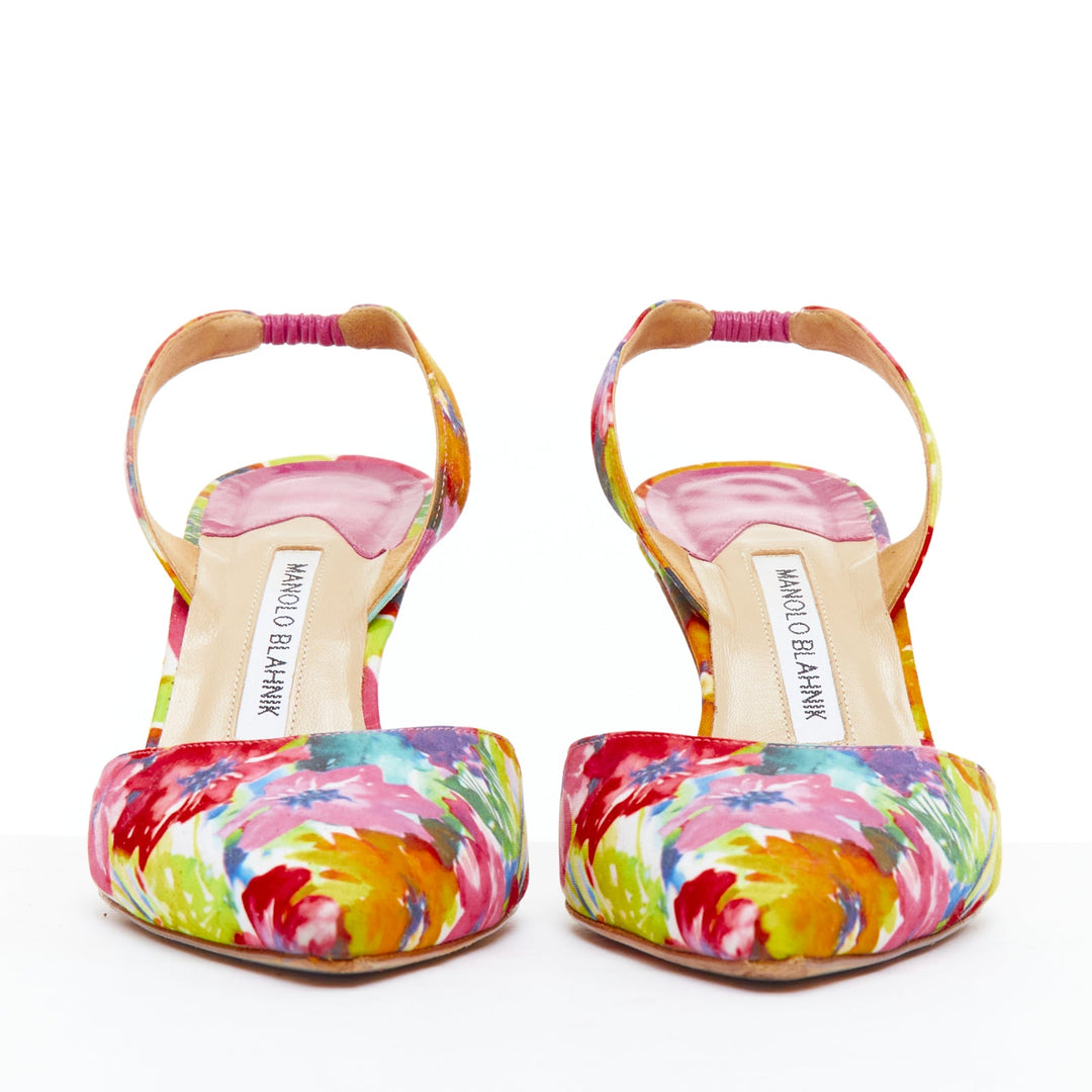 Female mannequin wearing Manolo Blahnik Multicolour Satin Women Heels in Size EU39 | Available at JHROP