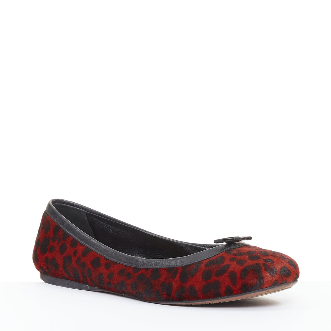 ALAIA red calf hair leopard print black leather trim ballet flats EU37.5