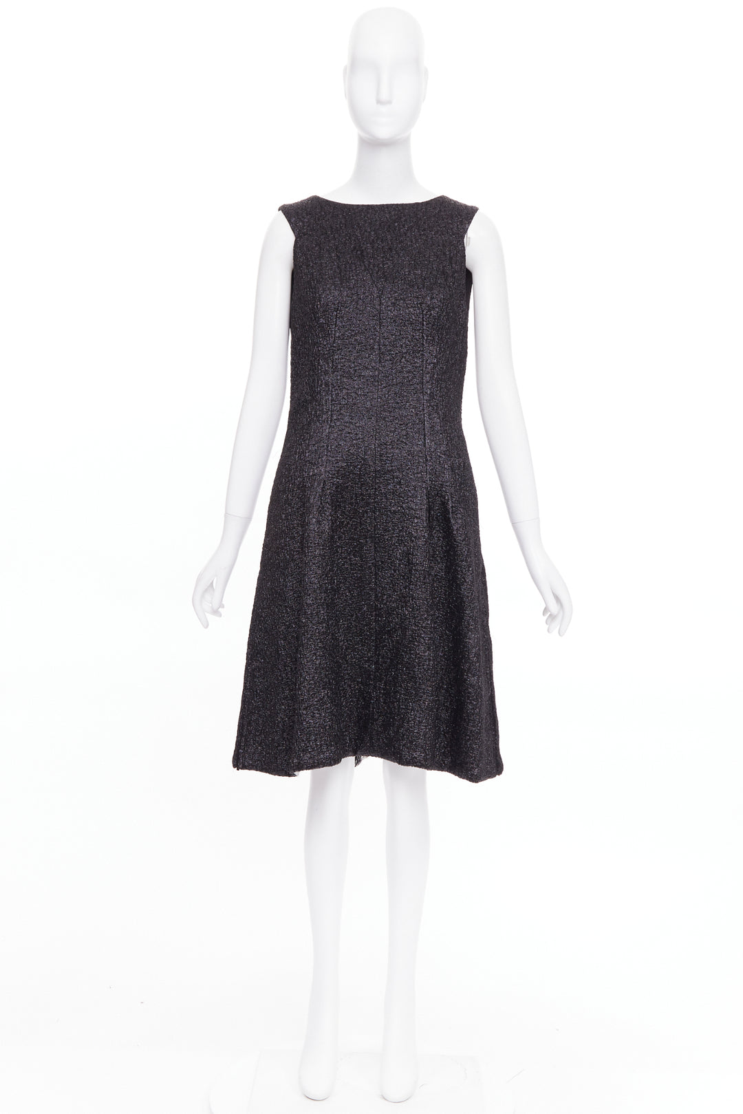 CHANEL 2016 Runway gunmetal glitter black pleated tweed sleeveless dress FR42 L