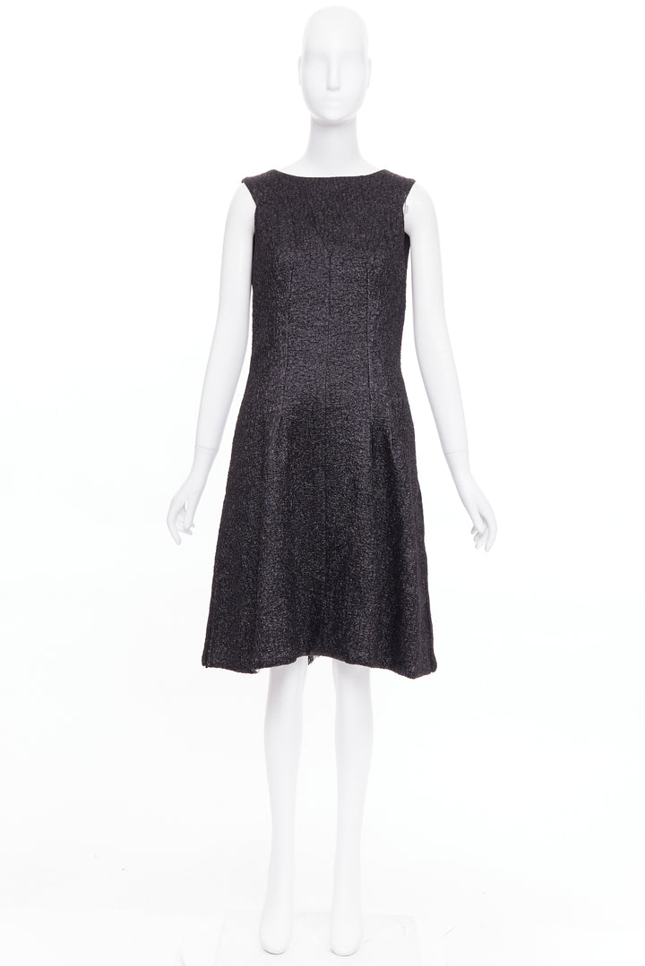 CHANEL 2016 Runway gunmetal glitter black pleated tweed sleeveless dress FR42 L