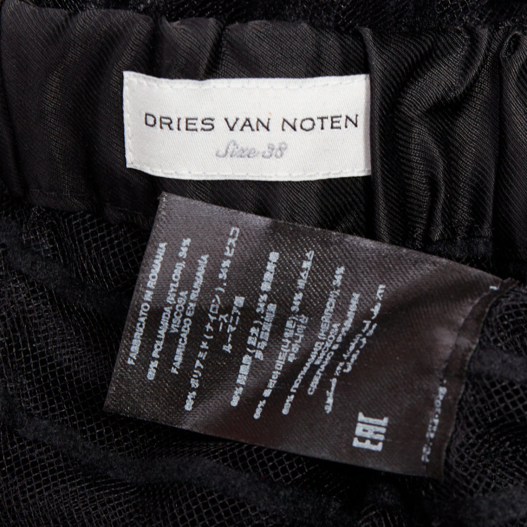 DRIES VAN NOTEN black flocked mesh striped sheer straight leg pants FR38 M