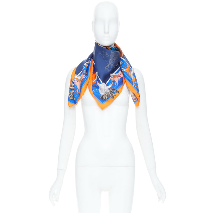 HERMES Pani La Shar Pawnee 90 Silk Twill orange royal blue square scarf