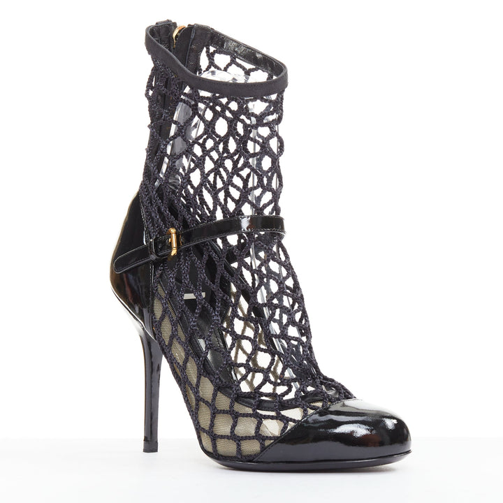 DOLCE GABBANA 2012  black patent leather fishnet maryjane heeled booties EU36