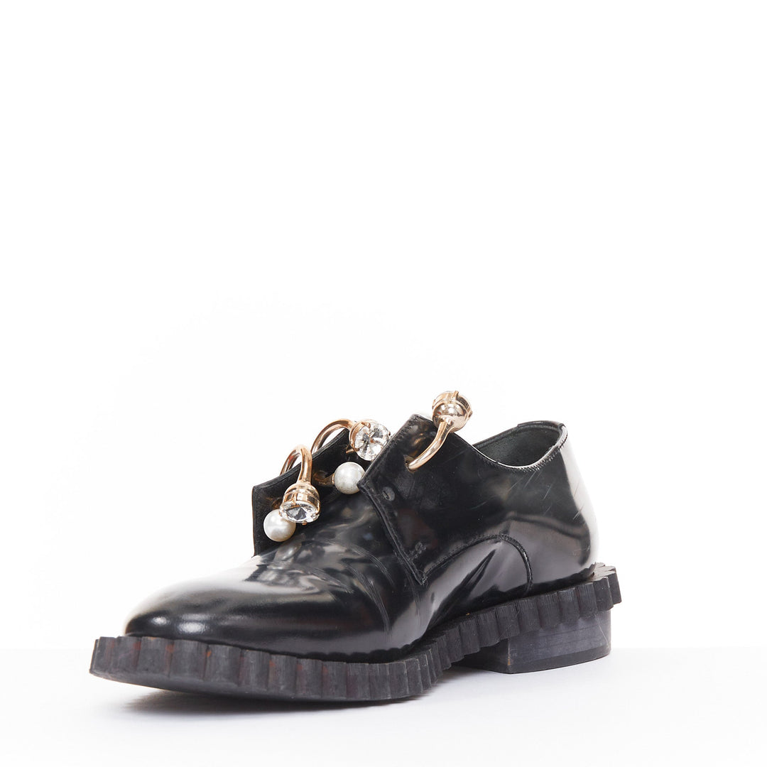 COLIAC Fernanda black pierced leather pearl bar charm dress shoes EU37