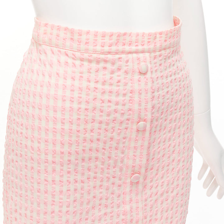 ALTUZARRA pink white gingham fabric button front midi pencil skirt FR36 S