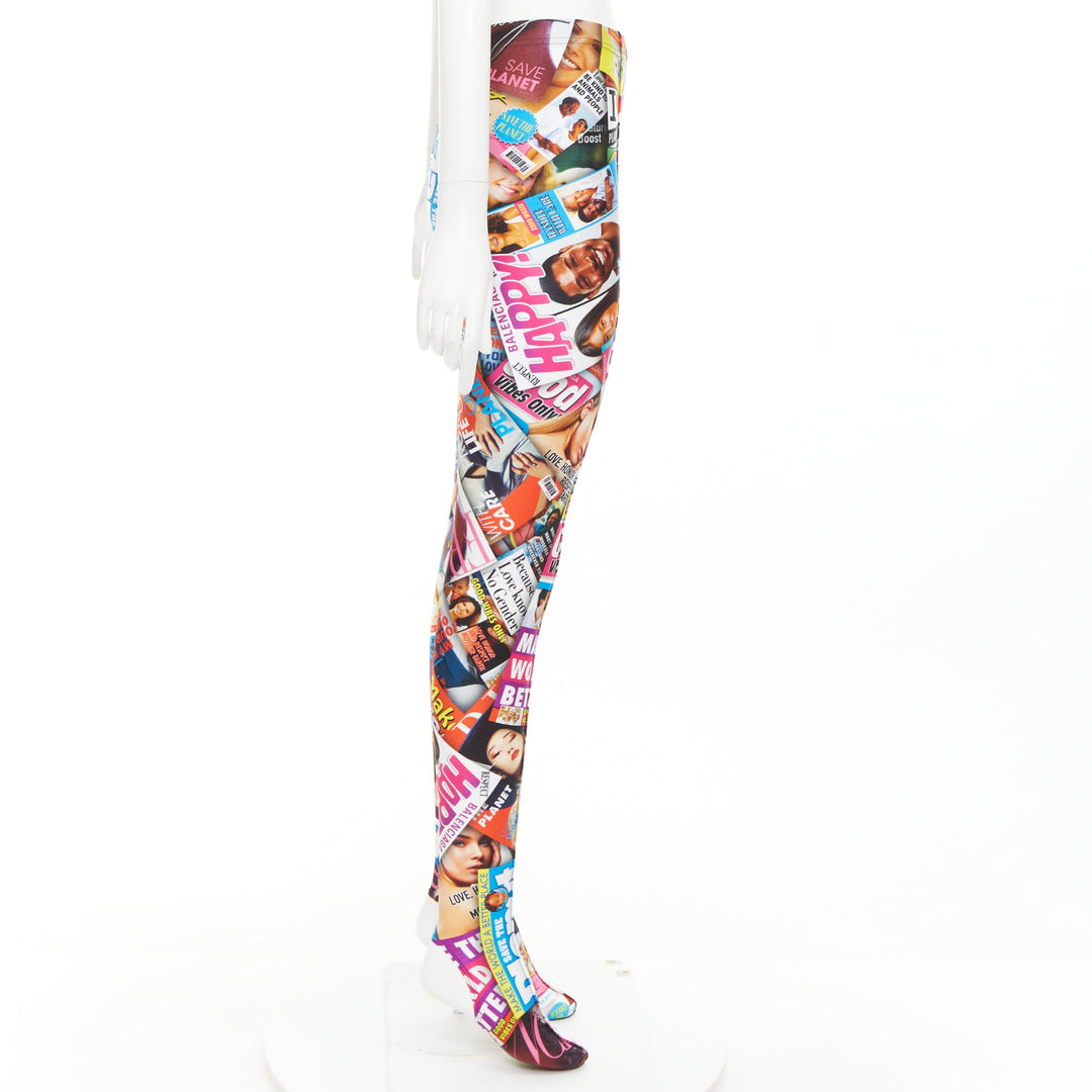 BALENCIAGA Demna 2019 Magazine Dynasty tabloid print stirrup leggings FR34 XS