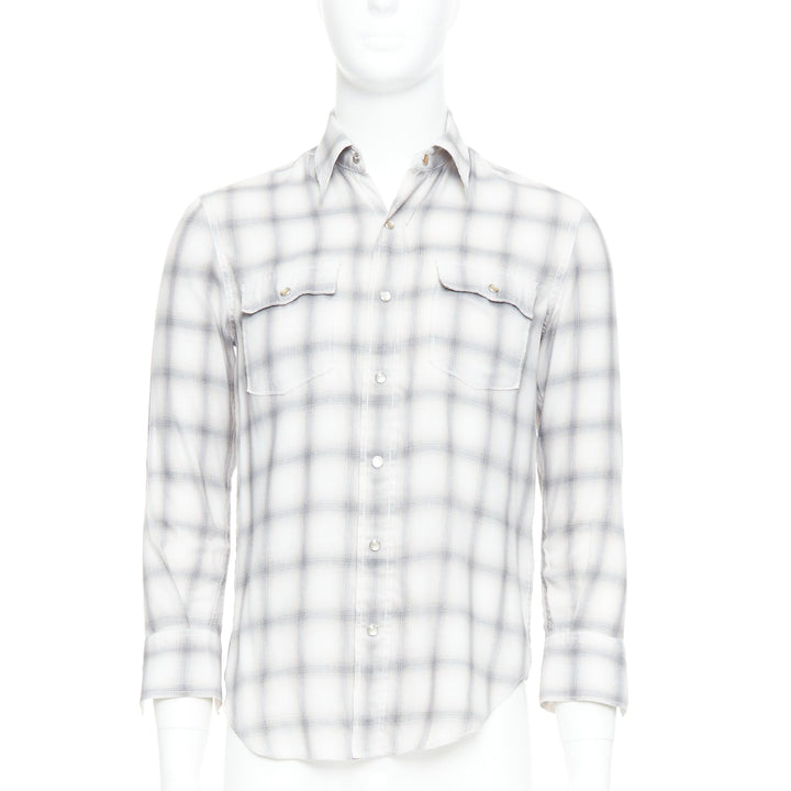 SAINT LAURENT 2016 grey cream checked resin snap buttons shirt M