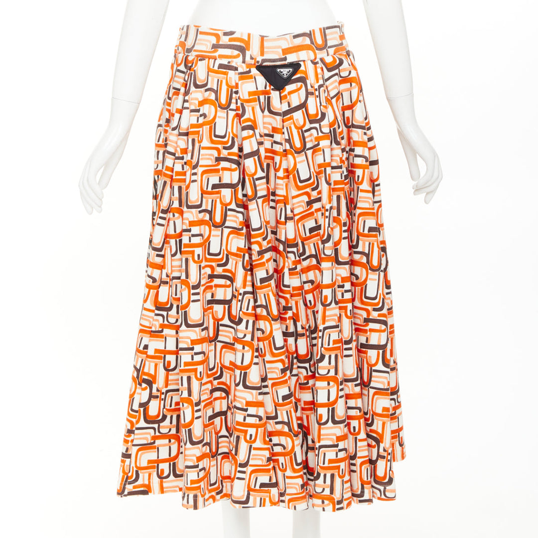 PRADA 2021 Runway orange geometric link print triangle logo cotton midi skirt M