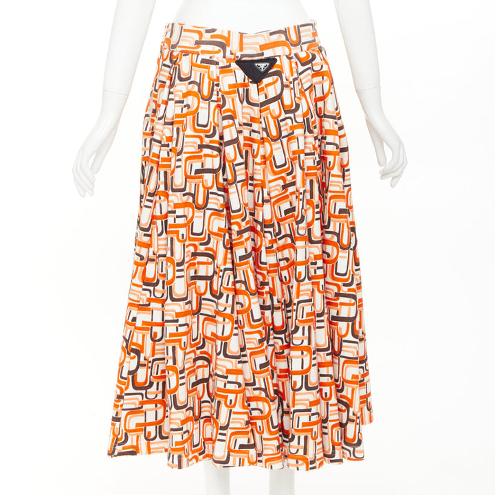 PRADA 2021 Runway orange geometric link print triangle logo cotton midi skirt M