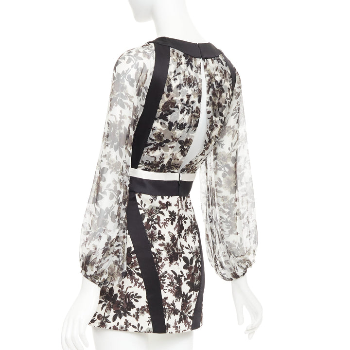BALENCIAGA 2007 black off white silk chifon floral panel satin mini dress FR36 S