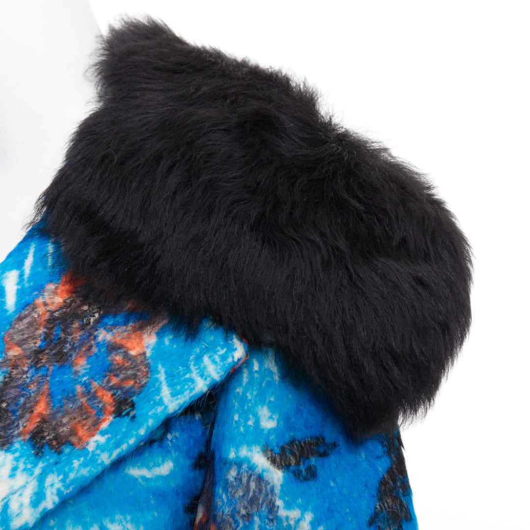 PRADA 2017 Runway blue alpaca wool abstract floral fur collar pea coat IT36 XS