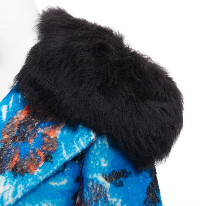 PRADA 2017 Runway blue alpaca wool abstract floral fur collar pea coat IT36 XS