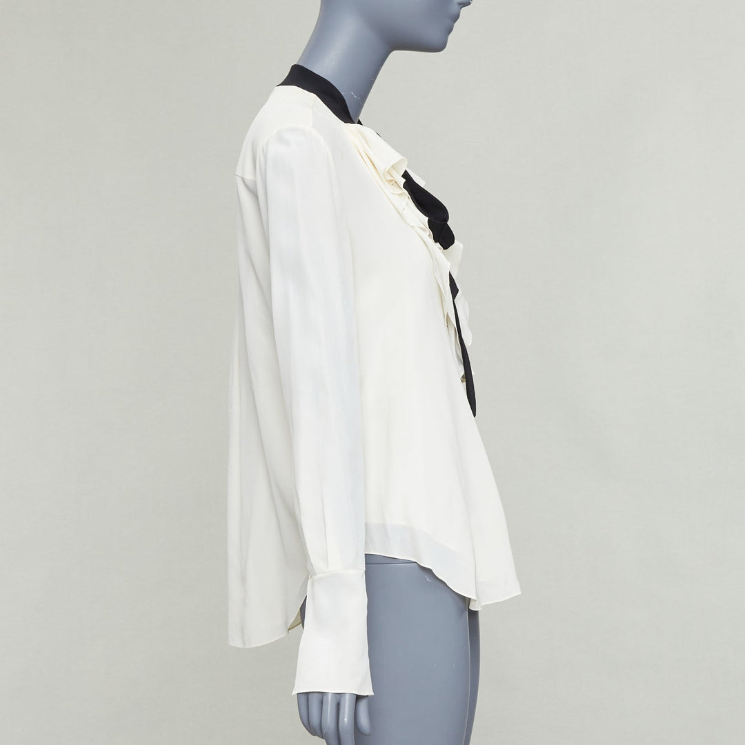 CHLOE milk cream black 100% silk tie neck ruffled peasant blouse FR36 S
