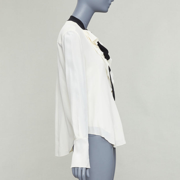 CHLOE milk cream black 100% silk tie neck ruffled peasant blouse FR36 S