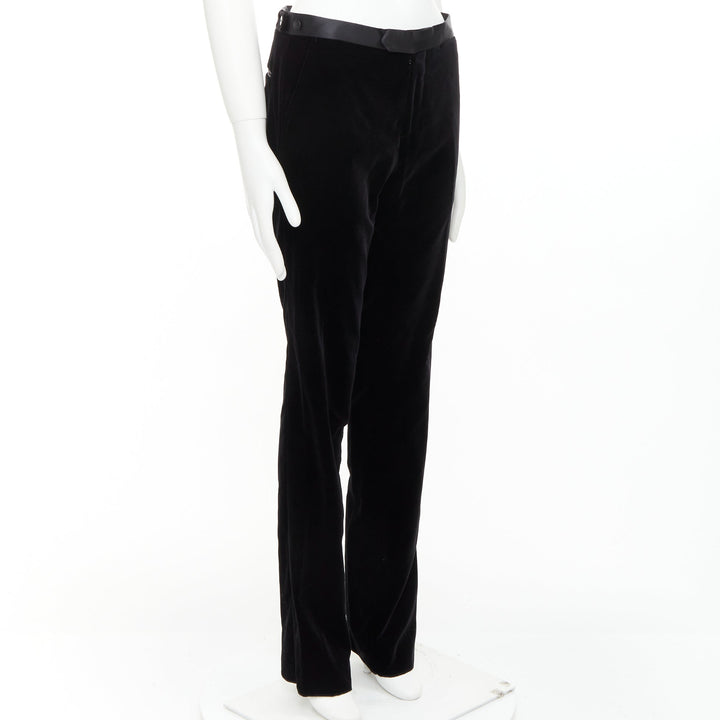 LANVIN black cotton velvet satin trim straight leg dress pants FR44 XS