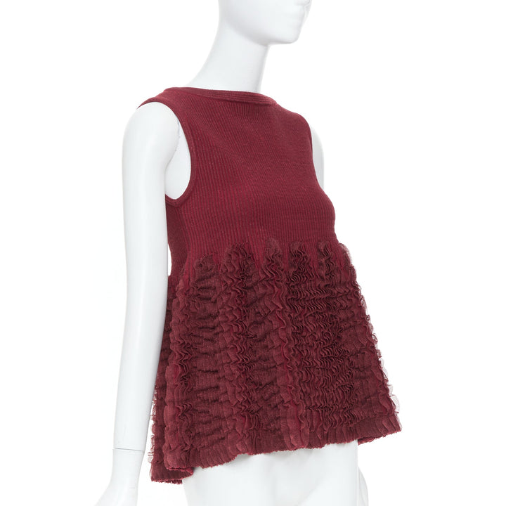 ALAIA burgundy ribbed tiered ruffle wool blend peplum top FR36 S