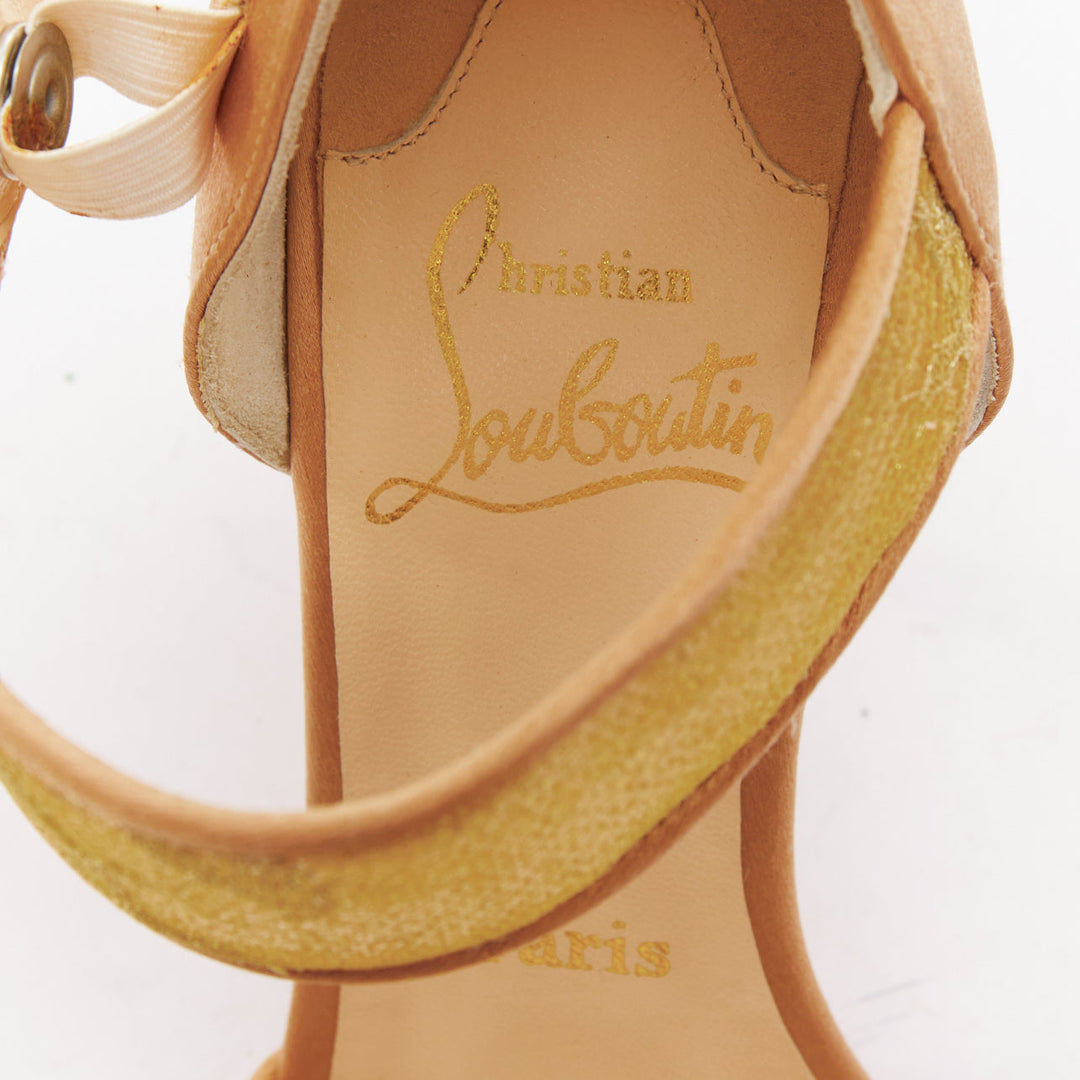 CHRISTIAN LOUBOUTIN 2011 gold lace nude satin trim straps cone sandals EU37.5