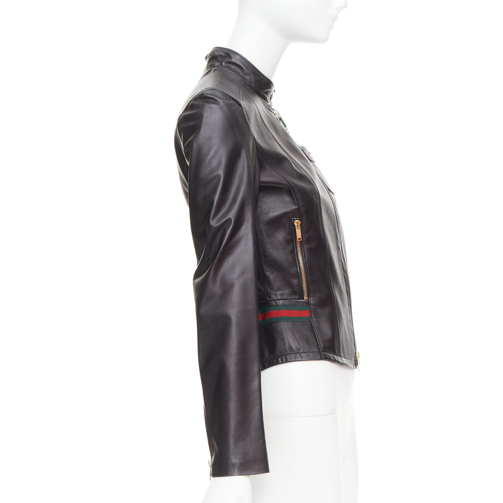 GUCCI Vintage black leather green red web moto biker jacket IT38 XS