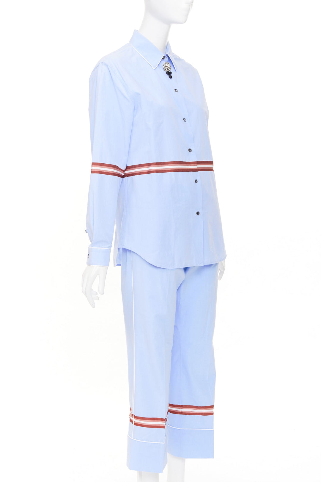 NO. 21 red stripe light blue cotton blend button shirt pants set IT42 M