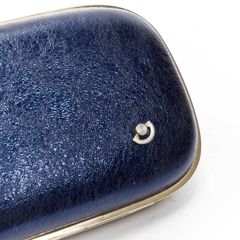 rare ANYA HINDMARCH Marano Music Box metallic blue leather gold frame box clutch