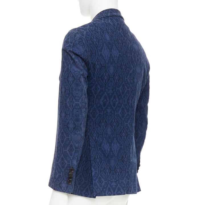 ETRO navy cotton blend aztec print single breasted fitted blazer IT48 M
