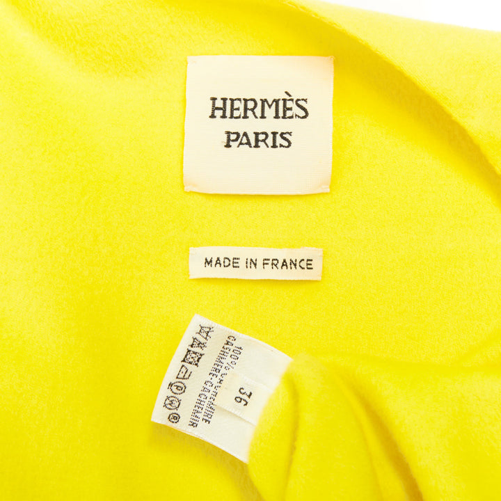 HERMES yellow cashmere asymmetric collar minimalist wrap longline coat FR36 S