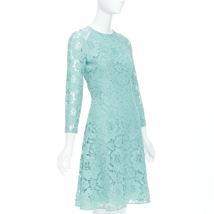 OSCAR DE LA RENTA P16 turquoise green cotton blend floral lace dress US0 XS