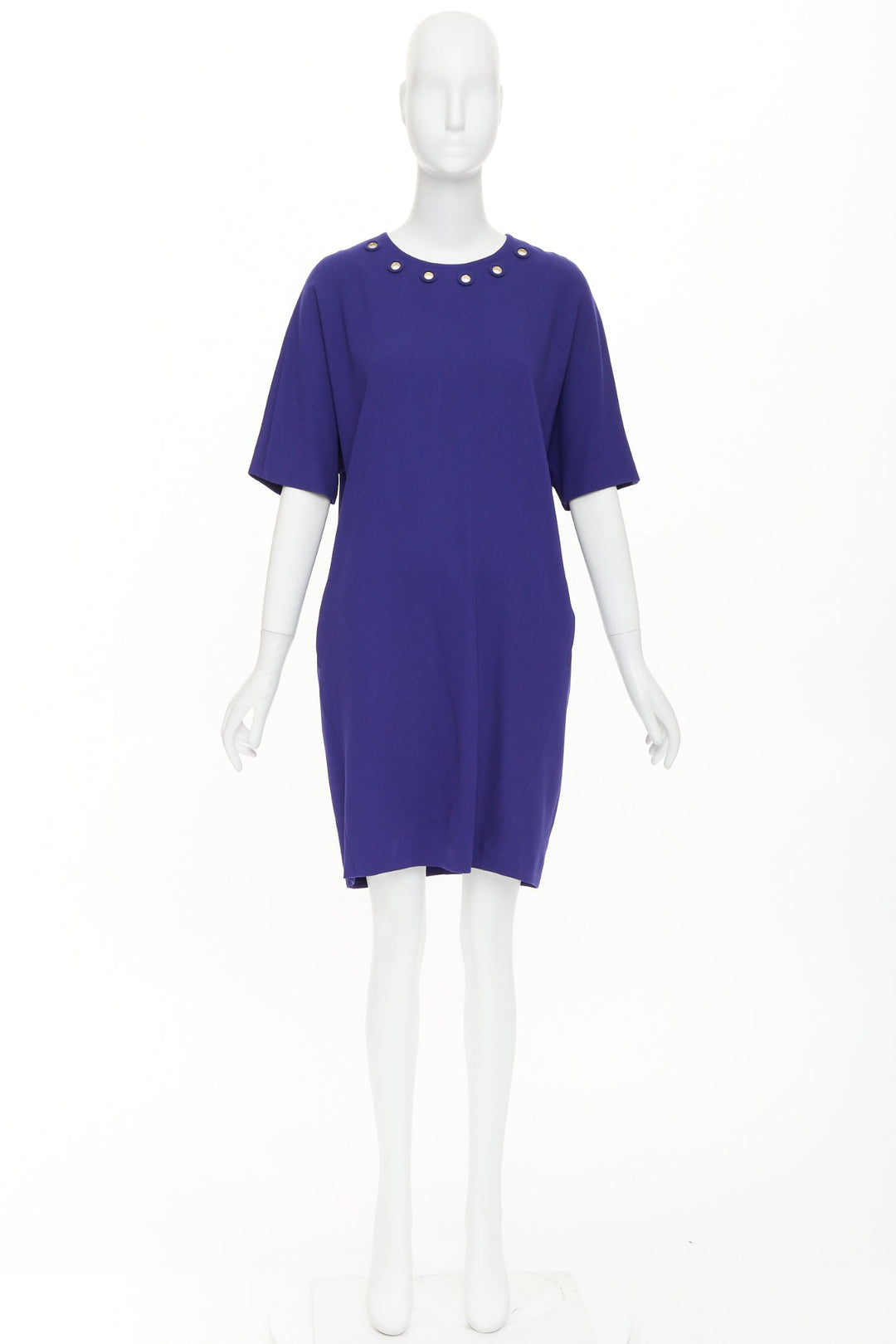 ESCADA bluebell cobalt wool crepe dual pocket eyelet shift dress FR40 L