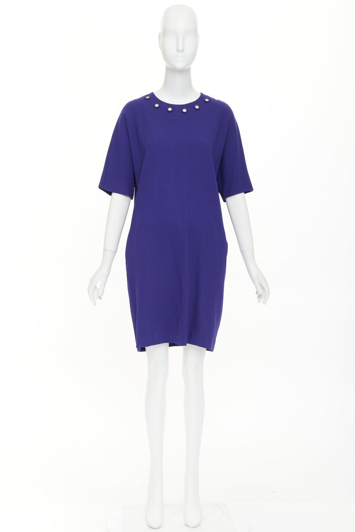 ESCADA bluebell cobalt wool crepe dual pocket eyelet shift dress FR40 L