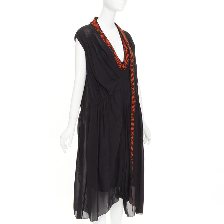 PRADA 2021 Runway black voile red sable jacquard knit neck midi dress IT38 XS