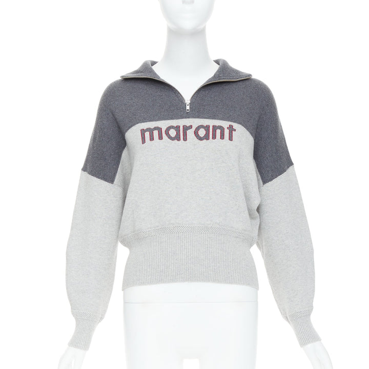 ISABEL MARANT Etoile grey bicolor logo half zip jumper sweater