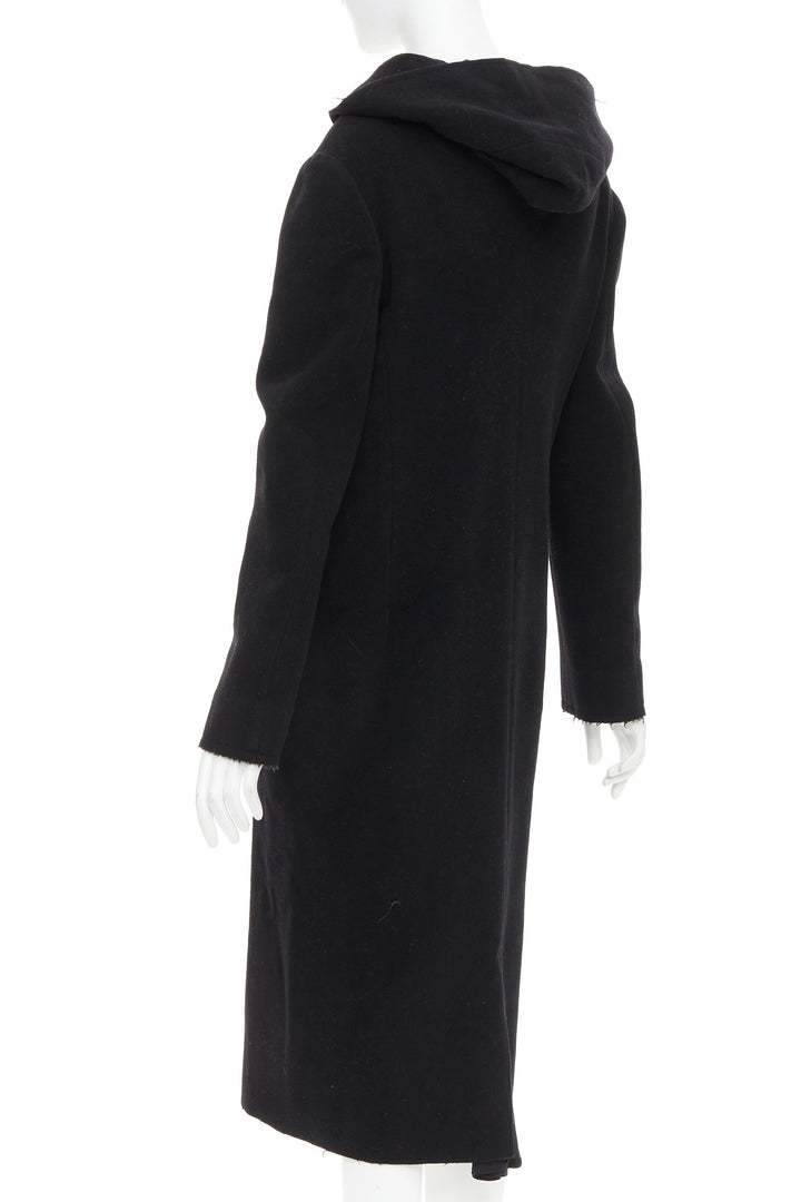 YOHJI YAMAMOTO black wool cotton linen hooded long coat JP1 S