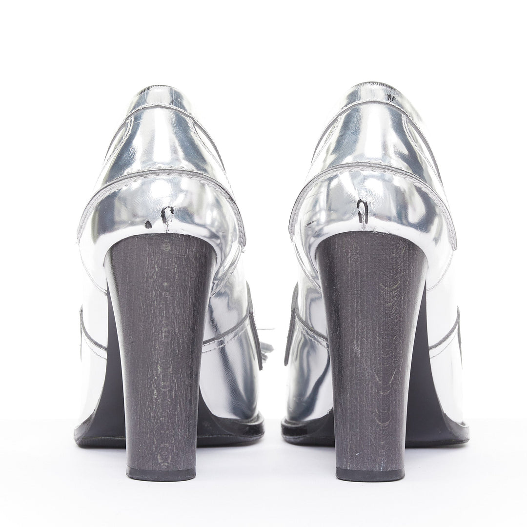 STELLA MCCARTNEY 2014 silver metallic kiltie tassel loafer block heel pumps EU37