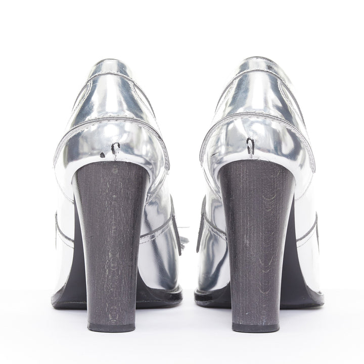 STELLA MCCARTNEY 2014 silver metallic kiltie tassel loafer block heel pumps EU37