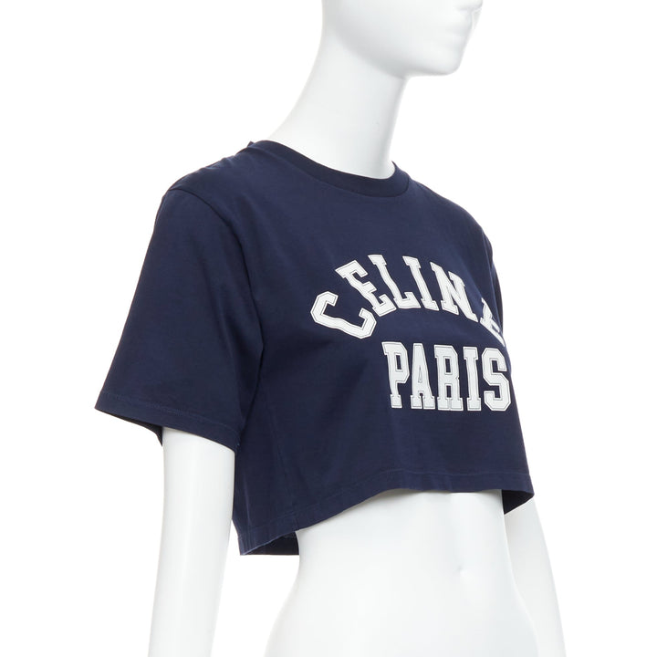 CELINE navy white big varsity Paris logo boxy crew neck crop tshirt XS