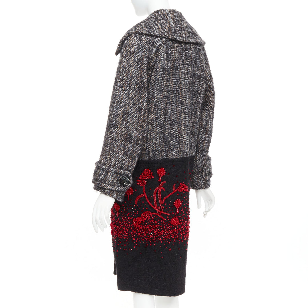 PRADA 2017 speckled wool tweed red bead embellishment hem long coat IT38 XS